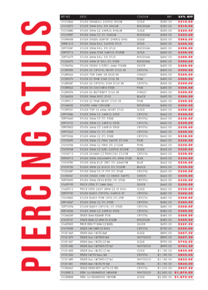25% OFF PIERCING SELECTED STYLES PRICE LIST - BOTSWANA
